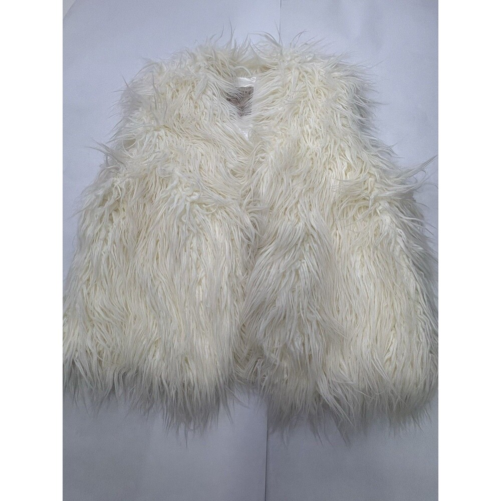 GUESS Faux Fur Vest Womens L Cream White Shaggy Mob Wife Boho Glam